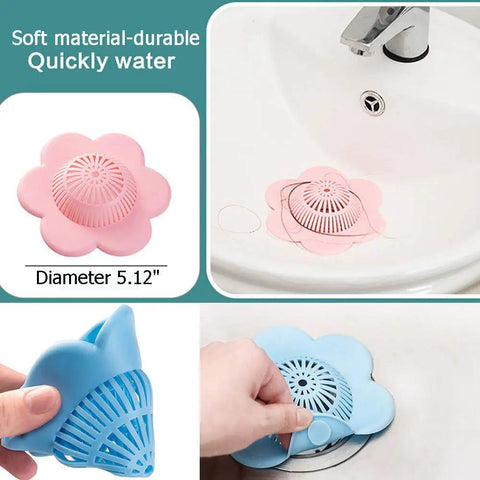 Silicone Hair Catcher Drain Stopper With Suction Cups For Bathroom Shower Bathtub And Kitchen Sinks, Easy Install, Anti Clog Hair Strainer, Flexible Durable Rubber 4 Pack shown in sink and hands.