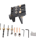 Three In One Woodworking Drilling Guide Kit With Scale Positioning Jig And Anodized Metal including drills and hex wrenches.