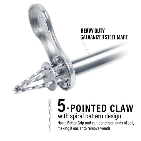 Close-up of heavy-duty galvanized steel 5-point claw of Stand-Up Weeding Tool With 34 Inch Long Handle And Five Claws, Comfort Foam Grip, Anti Rust Steel Root Puller, Grabber Weeder That Lets You Pull Weeds Without Bending, Easy Garden Weeder And Puller Tool with spiral pattern design.