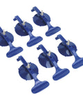 Blue Six Piece Suction Clamp Set for Auto Body Shop Trim Fastening, non-marking composite construction, adjustable reach and clamp force.