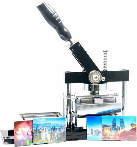 DIY Badge Maker Machine With Fridge Magnets And Paper Cutter 100 Piece Button Making Kit with photo badges displayed