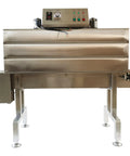 Dinenovate Automatic Heat Shrink Labeling Machine for PVC PP POF films, stainless steel body, tabletop design for efficient bottle labeling.