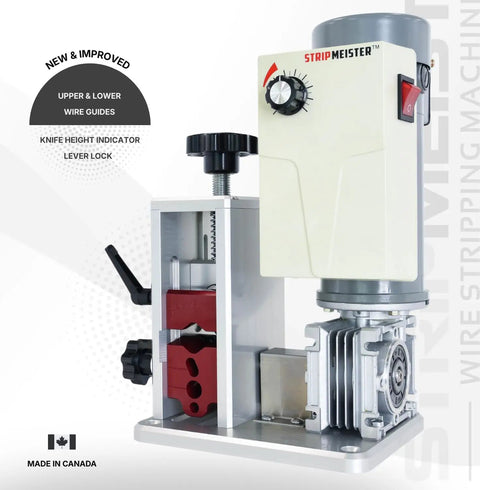 Side view of E500 Pro Electric Automatic Wire Stripping Machine for copper wire with ultra grip feeders and variable speed DC motor.
