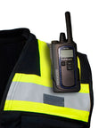 Pro Level Ansi Class One Safety Vest For Surveyors In Matte Black With High Vis Reflective Trim showing Kenwood radio on shoulder.