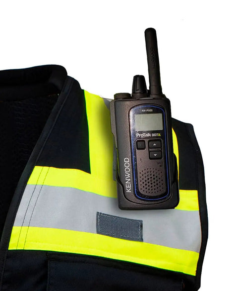 Pro Level Ansi Class One Safety Vest For Surveyors In Matte Black With High Vis Reflective Trim showing Kenwood radio on shoulder.