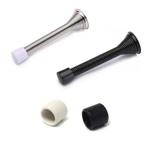Rubber Door Stop Bumper Caps 40 Pack Replacement Covers For Wall Floor And Door Protection Door Stopper Ends For Skirting Boards 0.39 Inch Inner And 0.5 Inch Outer Two Color Options, showing black and white caps with metal springs.