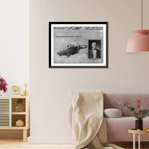 Vintage Airship Wall Art Print Model 4 With Inset Bust Portrait Of The Graf Airship Ready To Frame Museum Quality Reproduction With Fade Resistant Pigmented Inks For Lasting Display Ships Flat displayed in a living room setting