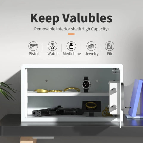 Heavy Duty Solid Steel Electronic Safe Box With RFID Access for Home, open with valuables inside, white finish, interior view