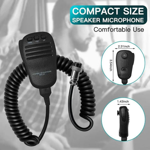 Rugged Handheld Speaker With Mic And Microphone Hanger For FT Series Ham Radios with coiled cable and dynamic microphone.