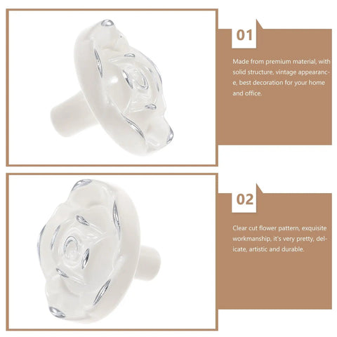 Eight Piece European Style Rose Flower Cabinet Knobs Vintage Single Hole Door Pulls Ivory White With Silver Edges Close-up