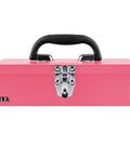 Front view of pink 11 inch portable steel tool box with metal latch, compact mini tool chest for home garage and craft storage