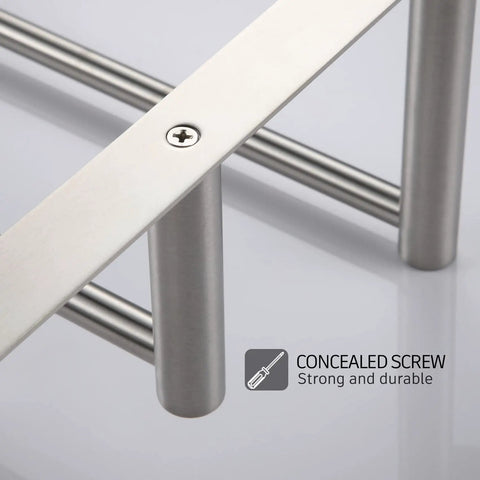 Close-up of brushed nickel stainless steel 3 tier ladder towel rack wall mount in rustproof SUS 304 with concealed screw details