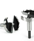 Top Shelf Boss Grade 16 Piece Forstner Bit Set With 3/8 Shank drills featuring two angled high-speed steel bits for precision woodworking.