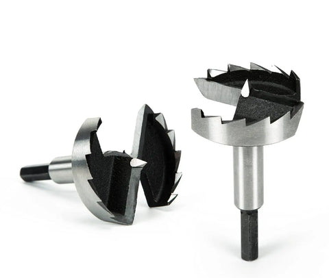 Top Shelf Boss Grade 16 Piece Forstner Bit Set With 3/8 Shank drills featuring two angled high-speed steel bits for precision woodworking.
