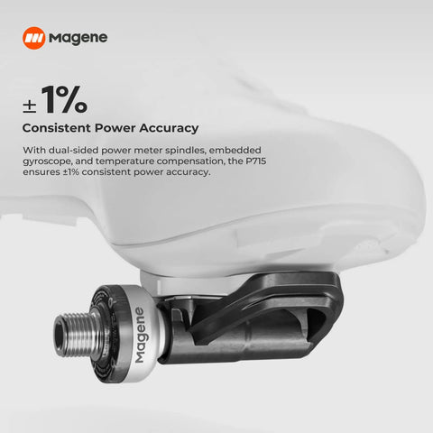 Close-up of P715 S Power Meter Pedals with One Percent Precision, showing dual-sided power meter spindle and embedded gyroscope.