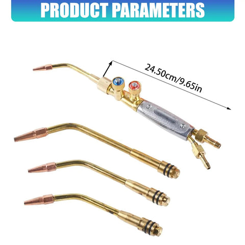 Pro Grade Heavy Duty Brass Welding Cutting Heating Torch Kit 4 Piece Set With Check Valves, showing torch and size label