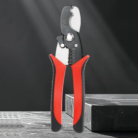 Straight Up Eight Inch Heavy Duty Electric Wire Stripper and Cable Crimper Tool with Solid Manganese Steel Jaws, red handles.