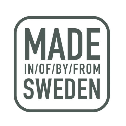 Square label reading 'Made in/of/by/from Sweden' in bold text.