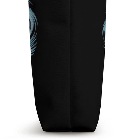 Side view of Crew Spirit Paddle Tote Bag For Rowing Teams With A Rowing Theme showcasing black polyester fabric and blue pattern.