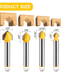 90 Degree V Groove Router Bit Set With One Quarter Inch Shank For DIYers And CNC Engraving Includes Four Cut Diameters