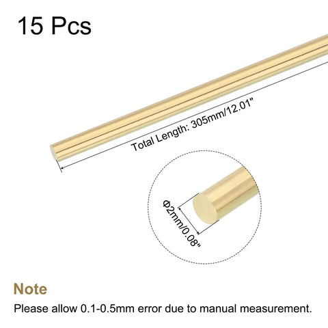 Brass Solid Round Rod 2mm Diameter 305mm Length Lathe Bar Stock Pack Of 15 For RC Model DIY Crafts Gear Shafts Motors And Mini Axles Plus Plane And Ship Projects Pro Grade Durable, showing a brass rod with measurements.