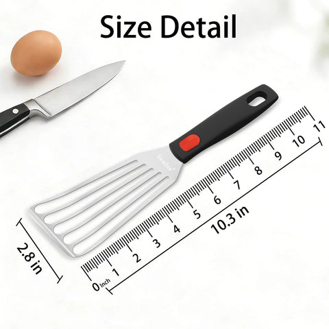 Fish spatula, stainless steel slotted turner with black silicone handle, 10.3-inch length