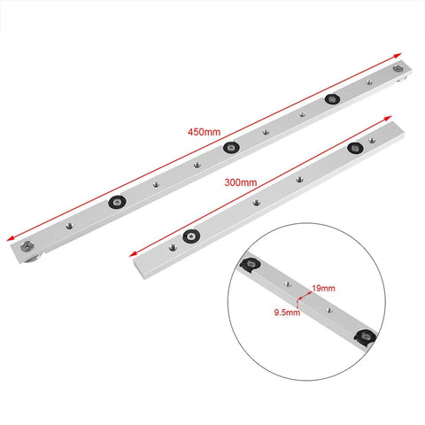 Aluminum Miter Rail Slider for Table Saw and Router Tables Slick Glide Miter Bar Track 300mm and 450mm shown with dimensions