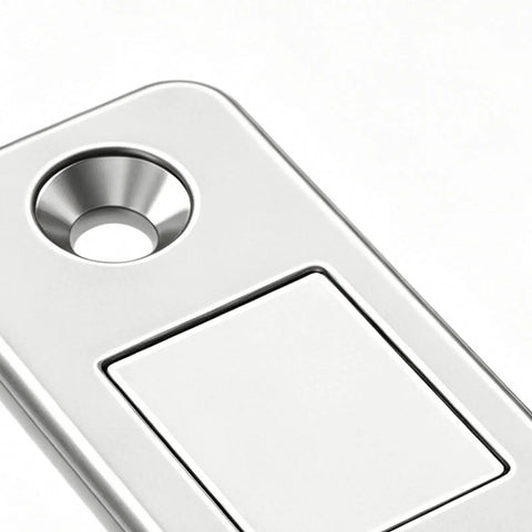 Close-up of Self Adhesive Magnetic Door Catch No Drill Invisible Ultra Thin Latch for cabinets, showing metal finish and adhesive area.