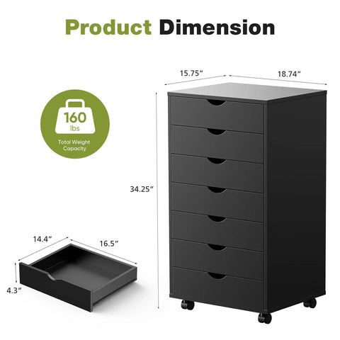 Top Tier Seven Drawer Wooden Dresser Featuring Heavy Duty Storage Cabinets And Smooth Rolling Casters For Bedroom Organization You Gotta Have This Solid Straight Up Game Changer dimensions with measurements and drawer details.