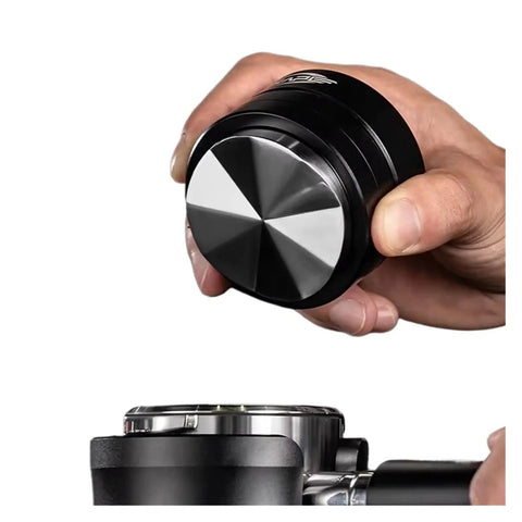 Get The Most Out Of Your Home Machine With This Slick Dual Bearing Espresso Distributor Compatible With Breville Barista And IKAPE Portafilters In 51 54 58 Mm Sizes, showing hand holding the distributor.