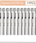 Front view of 11-piece 1/4 in diamond drill bit set for glass and tiles