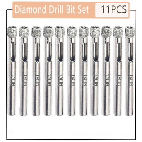 Front view of 11-piece 1/4 in diamond drill bit set for glass and tiles