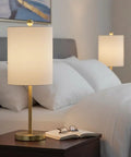 Bedroom with Fresh White Linen Drum Lamp Shade With Brass Spider Fitter For Table Lamps, 8 Inch Wide Cylinder Style, Transitional Modern Design.