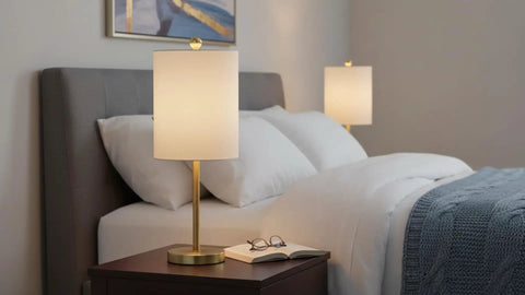 Bedroom with Fresh White Linen Drum Lamp Shade With Brass Spider Fitter For Table Lamps, 8 Inch Wide Cylinder Style, Transitional Modern Design.