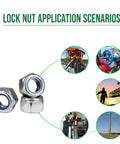 M6 Nylon Insert Lock Nuts Set, 20 Pieces, 304 Stainless Steel Self Locking Hex Nuts shown with application scenarios for automotive and machinery