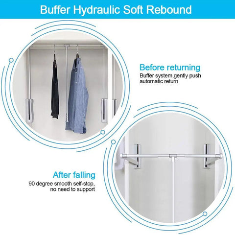 Pull Down Closet Rod System With Soft Close Aluminum Garment Rail demonstration of hydraulic soft rebound feature.