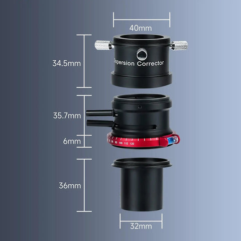 Atmospheric Dispersion Corrector 1.25 Inch ADC for Planetary and Moon Imaging with dimension labels, telescope accessory