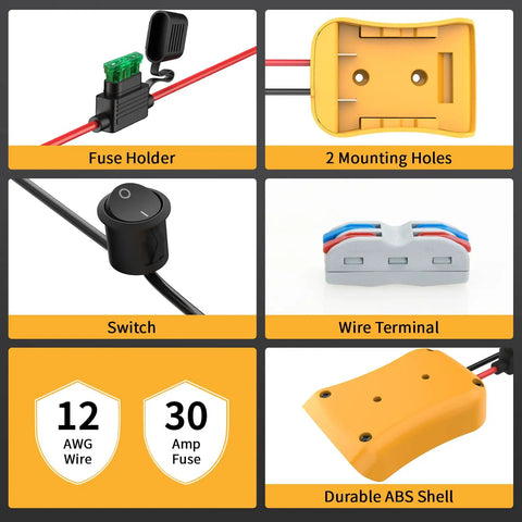 Six-component layout showing fuse holder, mounting holes, switch, wire terminal, 12 AWG wire, 30 amp fuse for Yellow Battery Adapter For Easy Power Swaps, Plug And Play Universal Compatibility, 1 Pack, Durable Connector, Quick Install For Laptops, RC Toys, Camcorders, And More, Wide Voltage Match, Safe Fit, No Solder Needed