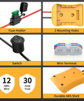Power Wheel Battery Adapter Kit For 20V Dewalt Batteries showing fuse holder, switch, 12AWG wire, and durable ABS shell