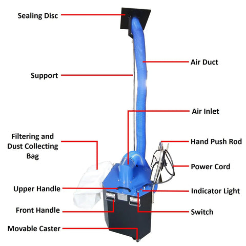 No Sweat Heavy Duty Movable Dust Collector For Central Air Conditioning Duct Cleaning with blue extensible spring hose and filters.
