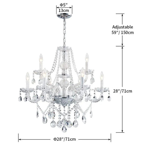 Nine Light Modern Crystal Glass Chandelier Pendant Ceiling Light Fixture With Glass Droplets, 28 Inch Wide 28 Inch High