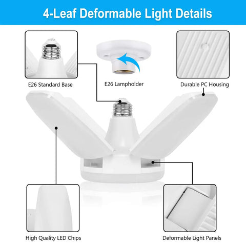 4 Pack LED Garage Lights 60W 6000LM Deformable Ceiling Fixtures E26 Dimmable 6500K with 4-leaf design detail