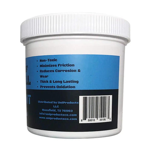 Side view of container labeled Waterproof 6 Oz Ball Hitch Grease For All Ball Mounts And Hitches Reduces Wear And Friction