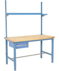 Heavy Duty Adjustable Height Workbench With Rock Solid Steel Frame Thick Laminate Top Drawer And Upright Shelving in blue