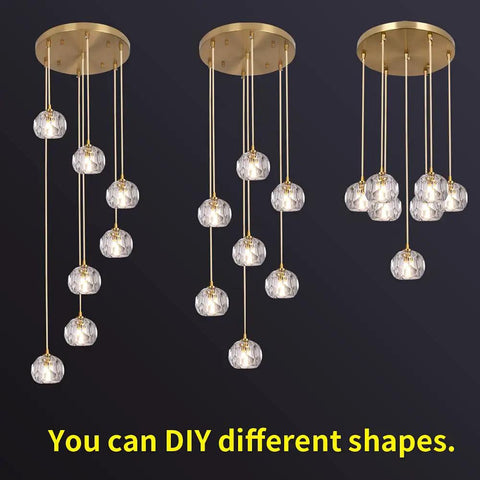 Sleek Modern Crystal Pendant Light With Seven LED Crystals, Adjustable Brass Plating Frame, K9 Crystal Ball Chandeliers, Flush Mount