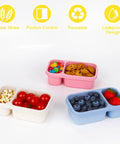 Three Two Compartment Reusable Snack Containers With Lids For Go-To Meal Prep On The Go Made From Wheat Straw Eco Friendly 3 Pack in pink, white, blue.