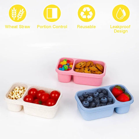 Three Two Compartment Reusable Snack Containers With Lids For Go-To Meal Prep On The Go Made From Wheat Straw Eco Friendly 3 Pack in pink, white, blue.