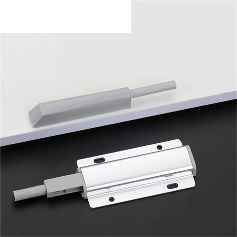 Magnetic Push Latch Kit for Cabinets and Drawers, Quiet Door Stop Closer, shown on a black and white background