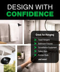 Design with confidence banner featuring images of a towel hanger, bathroom fixtures, and a surveillance camera installation.