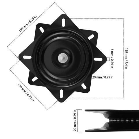 Heavy Duty 6.25 Inch Bar Stool Swivel Plate Set For Chairs, Durable Cold Rolled Steel, Smooth Black Finish, Rust Resistant, High Load Bearing, Easy Install, 4 Pack Swivel Base Replacements, top view with 6.25 in size